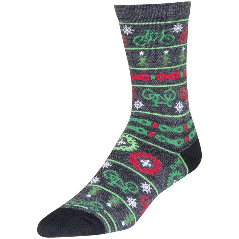 SockGuy Wool Ride Merry Crew Socks – 6″ Gray/Red/Green Small/Medium