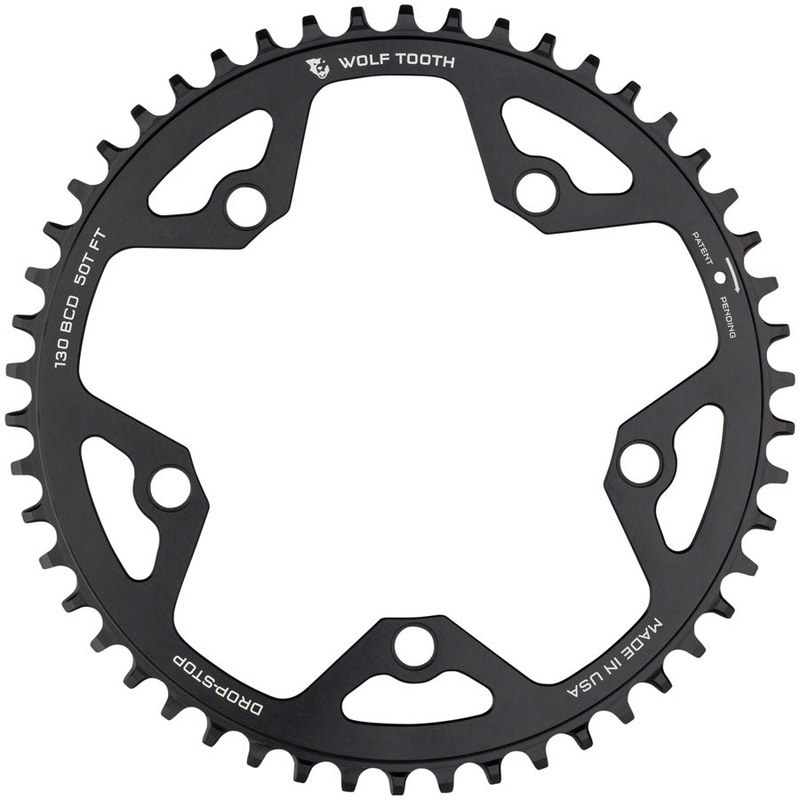 Wolf Tooth 130 BCD Road Cyclocross Chainring – 50t 130 BCD 5-Bolt Drop-Stop 10/11/12-Speed Eagle Flattop Compatible BLK