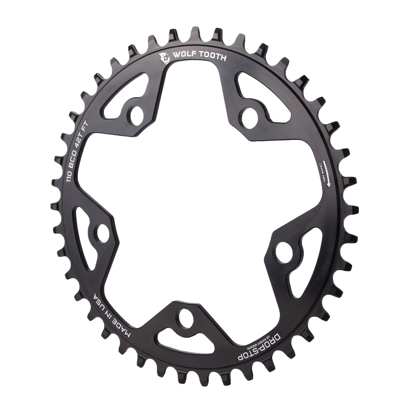 Wolf Tooth 110 BCD Cyclocross Road Chainring – 42t 110 BCD 5-Bolt Drop-Stop 10/11/12-Speed Eagle Flattop Compatible BLK
