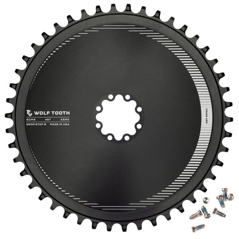 Wolf Tooth Aero Direct Mount Chainring – 46t Direct Mount SRAM 8-Bolt Drop-Stop B BLK