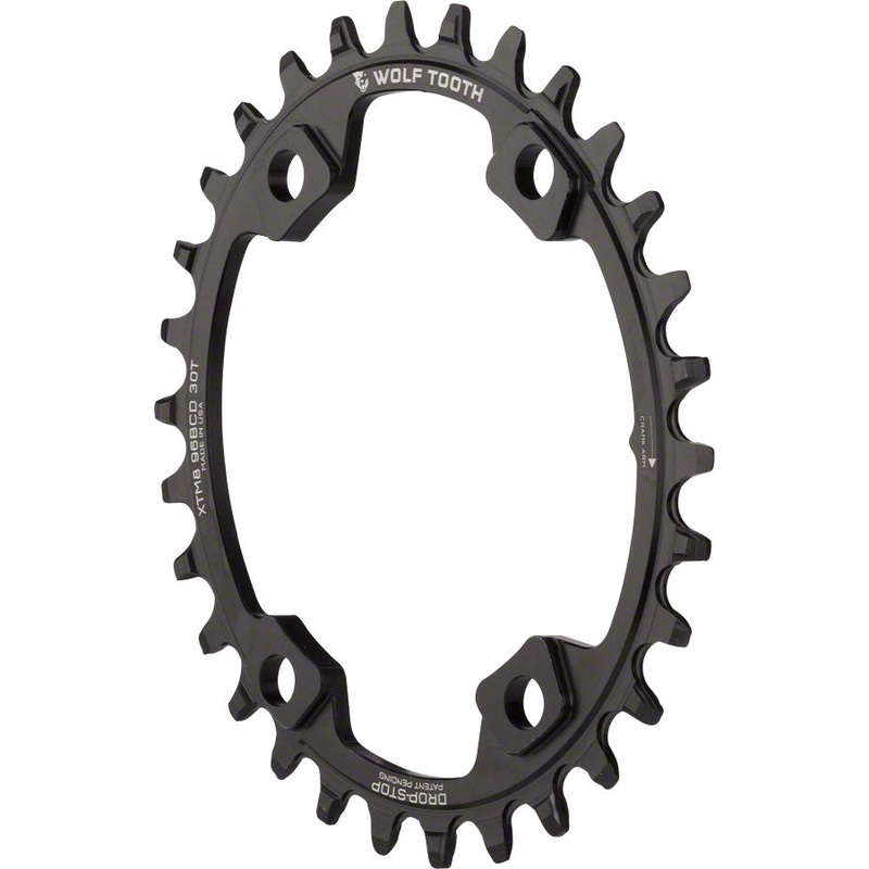 Wolf Tooth Elliptical 96 BCD Chainring – 30t 96 Asymmetric BCD 4-Bolt Drop-Stop For Shimano XT M8000 SLX M7000 Cranks BLK