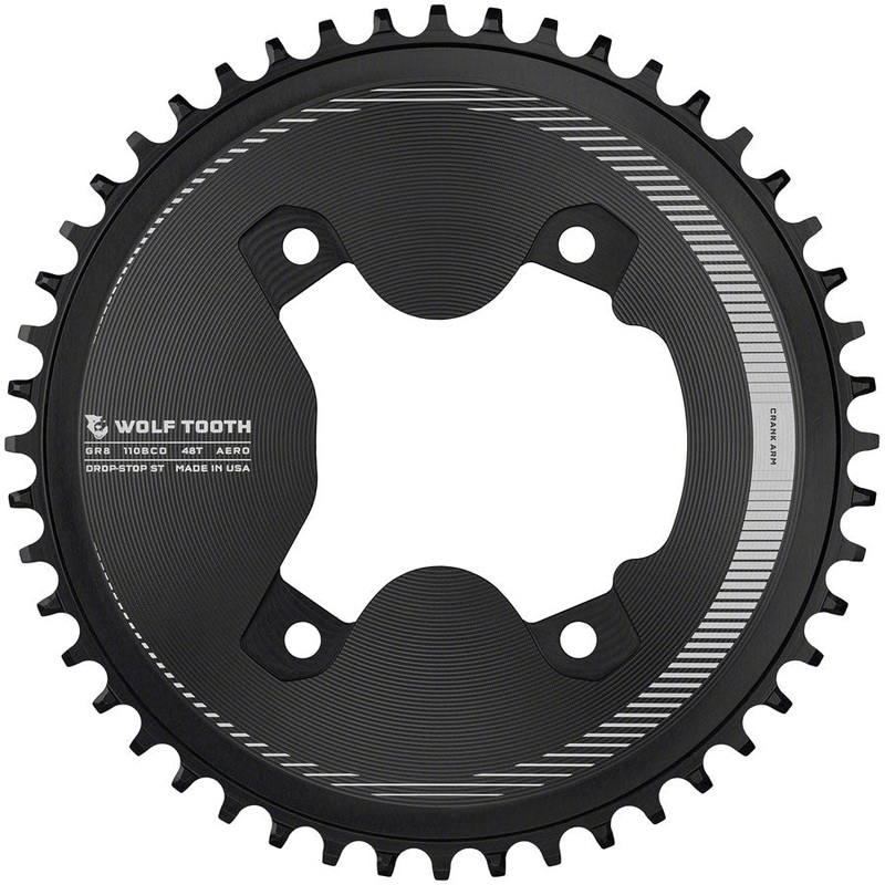 Wolf Tooth Aero 110 Asymmetric BCD Chainring – 48t 110 Asymmetric BCD 4-Bolt Drop-Stop ST For Shimano GRX 800 Series BLK