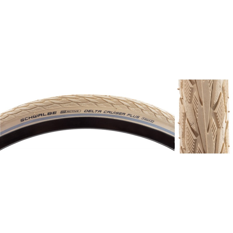 Schwalbe Delta Cruiser Plus Tire – 700 x 35 Clincher Wire Creme/Reflective Active Line PunctureGuard SBC