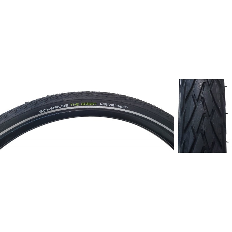 Schwalbe Green Marathon Tire – 27.5 x 1.65 Clincher Wire BLK/Reflective Performance Line GreenGuard TwinSkin Addix