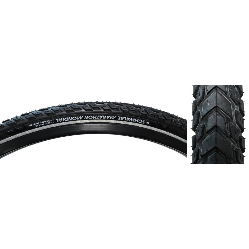 Schwalbe Marathon Mondial Tire – 700 x 42 Clincher Wire BLK/Reflective Performance Line RaceGuard Double Defense Addix